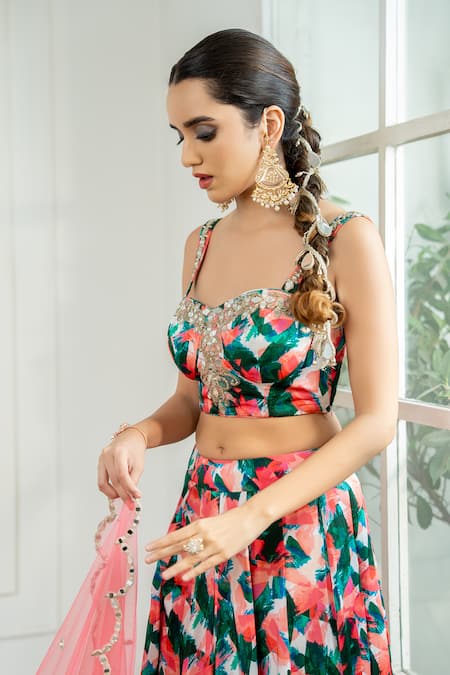 Akanksha Mago_Pink Satin, Georgette, Net Embroidery, Mirrors, Zari Geometric Print Lehenga Set _Online_at_Aza_Fashions