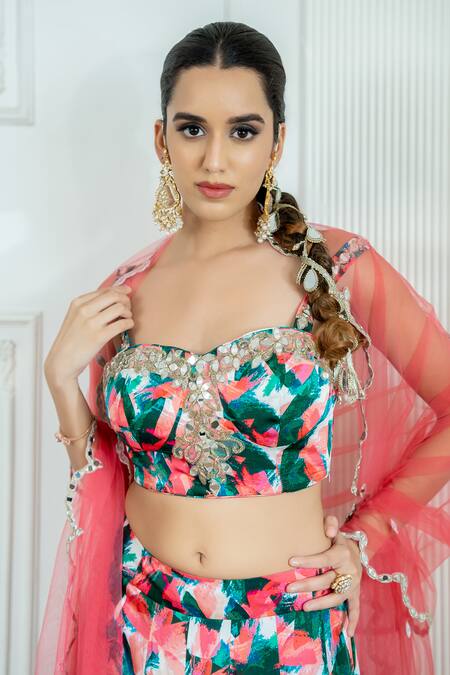 Buy_Akanksha Mago_Pink Satin, Georgette, Net Embroidery, Mirrors, Zari Geometric Print Lehenga Set _Online_at_Aza_Fashions