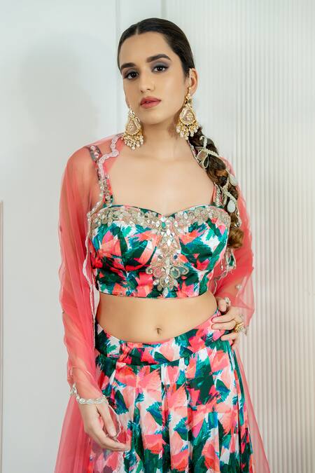 Shop_Akanksha Mago_Pink Satin, Georgette, Net Embroidery, Mirrors, Zari Geometric Print Lehenga Set _Online_at_Aza_Fashions