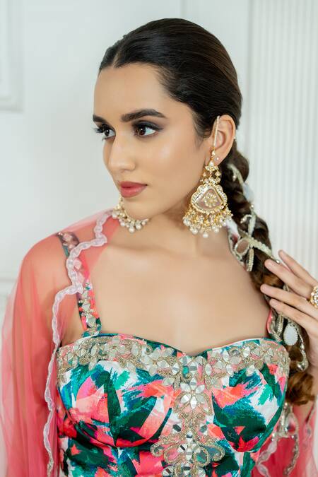 Akanksha Mago_Pink Satin, Georgette, Net Embroidery, Mirrors, Zari Geometric Print Lehenga Set _at_Aza_Fashions