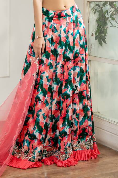 Buy_Akanksha Mago_Pink Satin, Georgette, Net Embroidery, Mirrors, Zari Geometric Print Lehenga Set 