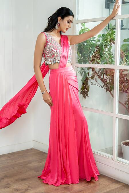 Akanksha Mago_Pink Satin, Georgette Embroidery, Mirrors Hand Blouse And Pre-draped Saree Set _Online_at_Aza_Fashions
