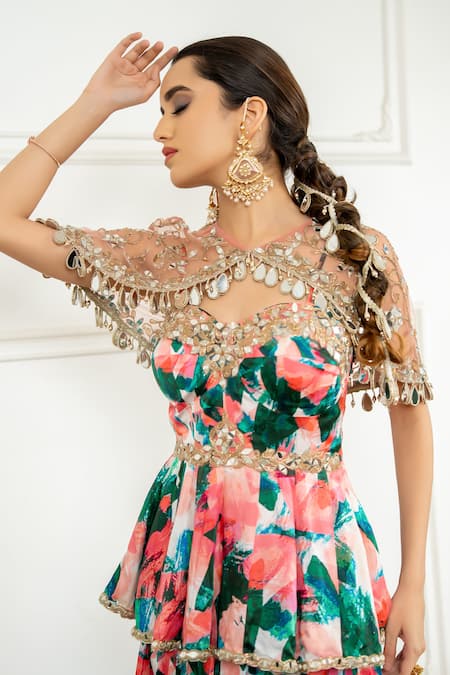Buy_Akanksha Mago_Peach Satin, Georgette Embroidery, Mirrors Round Neck, Hand Cape And Lehenga Set _Online_at_Aza_Fashions