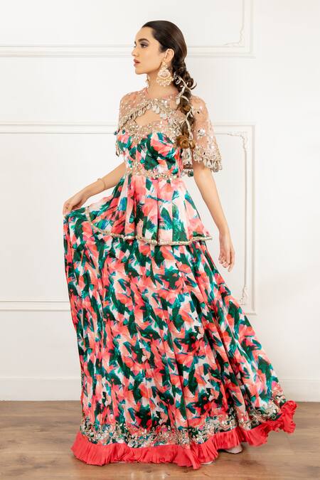 Akanksha Mago_Peach Satin, Georgette Embroidery, Mirrors Round Neck, Hand Cape And Lehenga Set _at_Aza_Fashions