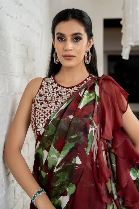 Akanksha Mago_Maroon Satin, Georgette, Silk Printed Ruffled Pre-draped Saree And Blouse Set _Online_at_Aza_Fashions
