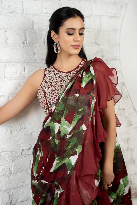 Buy_Akanksha Mago_Maroon Satin, Georgette, Silk Printed Ruffled Pre-draped Saree And Blouse Set _Online_at_Aza_Fashions