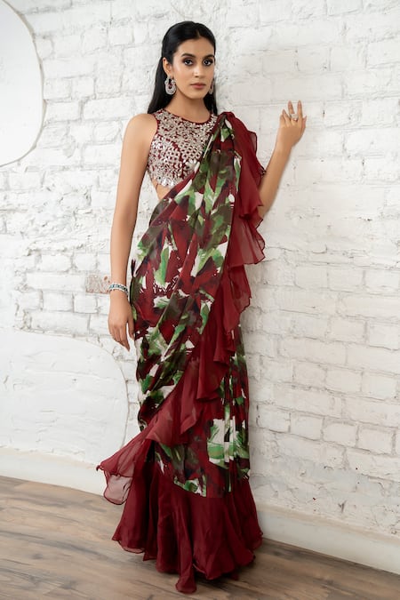 Shop_Akanksha Mago_Maroon Satin, Georgette, Silk Printed Ruffled Pre-draped Saree And Blouse Set _Online_at_Aza_Fashions