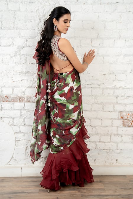 Akanksha Mago Printed Ruffled Pre-Draped Saree & Blouse Set 