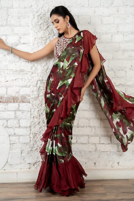 Akanksha Mago Printed Ruffled Pre-Draped Saree & Blouse Set 