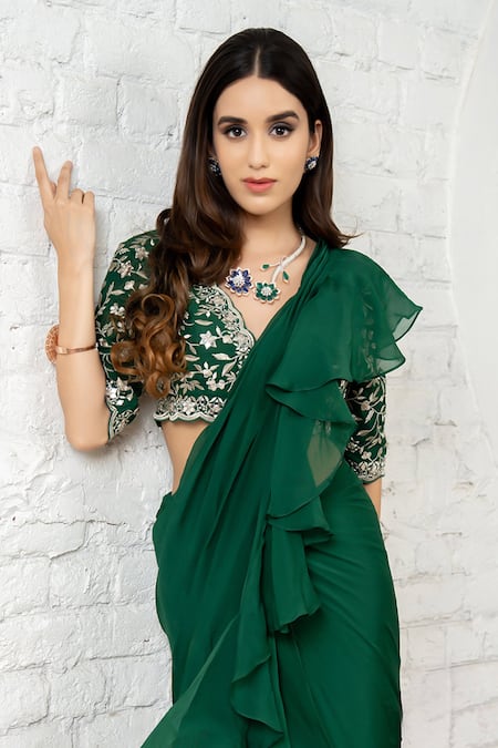 Akanksha Mago_Green Organza, Silk Ruffles, Embroidery, Sequins Pre-draped Saree And Blouse Set _Online_at_Aza_Fashions