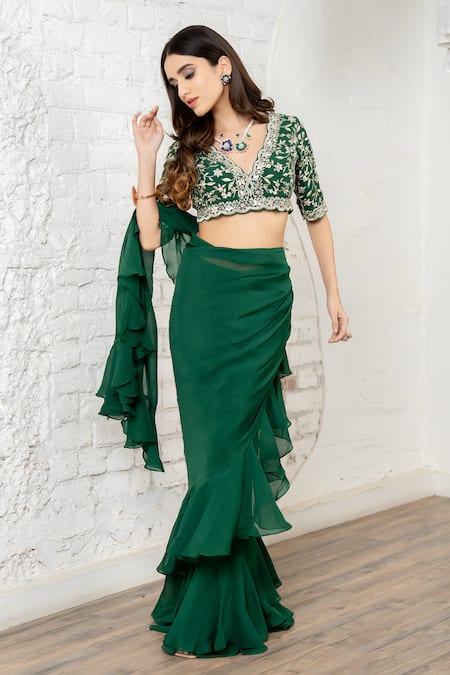 Buy_Akanksha Mago_Green Organza, Silk Ruffles, Embroidery, Sequins Pre-draped Saree And Blouse Set _Online_at_Aza_Fashions