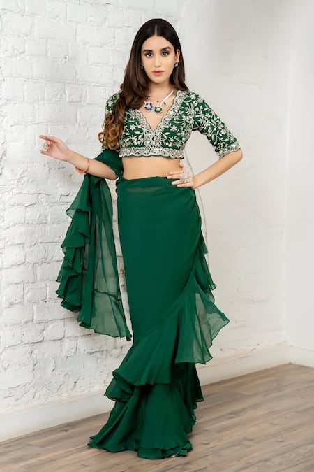 Akanksha Mago_Green Organza, Silk Ruffles, Embroidery, Sequins Pre-draped Saree And Blouse Set _at_Aza_Fashions