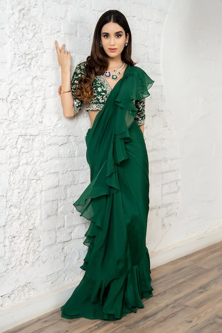 Akanksha Mago Ruffle Pre-Draped Saree & Embroidered Blouse Set 