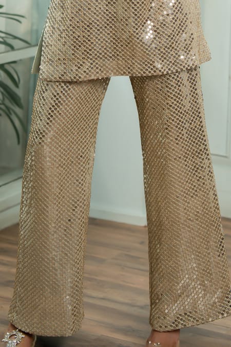 Akanksha Mago_Beige Georgette Embroidery, Sequins Split V-neck Hand Kurta And Palazzo Set _Online_at_Aza_Fashions