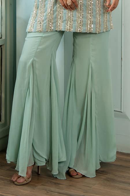 Akanksha Mago_Blue Georgette Sequins, Embroidery Split V-neck Hand Kurta And Palazzo Set _Online_at_Aza_Fashions