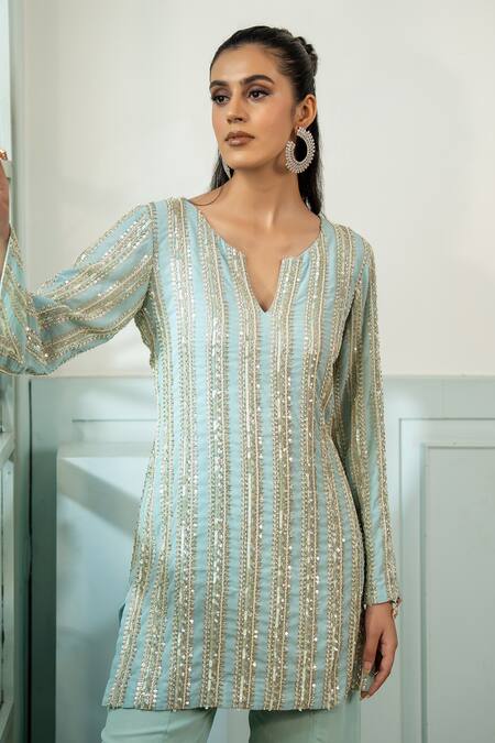 Buy_Akanksha Mago_Blue Georgette Sequins, Embroidery Split V-neck Hand Kurta And Palazzo Set _Online_at_Aza_Fashions