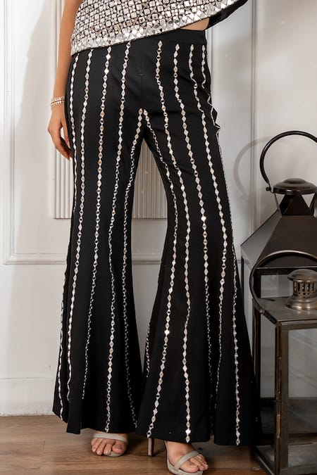 Akanksha Mago_Black Georgette Mirrors One Shoulder Hand Embroidered Cape And Pant Set _Online_at_Aza_Fashions