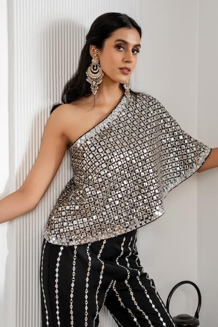 Buy_Akanksha Mago_Black Georgette Mirrors One Shoulder Hand Embroidered Cape And Pant Set _Online_at_Aza_Fashions