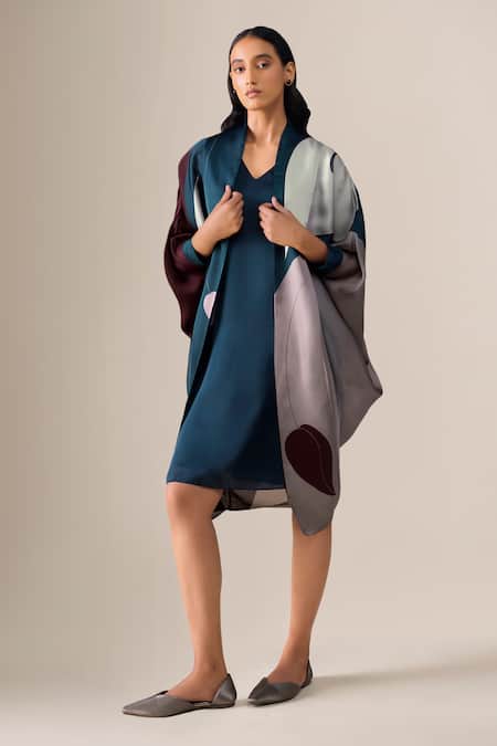 Buy_Ampm_Blue Open Neck, Anissa Printed Cape With Dress _Online_at_Aza_Fashions