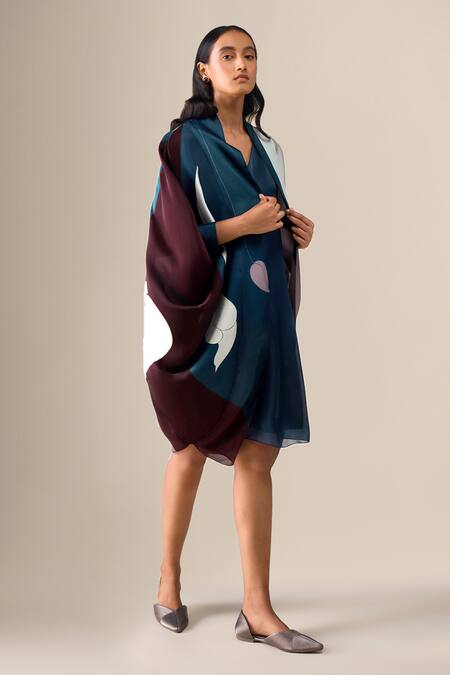 Shop_Ampm_Blue Open Neck, Anissa Printed Cape With Dress _Online_at_Aza_Fashions