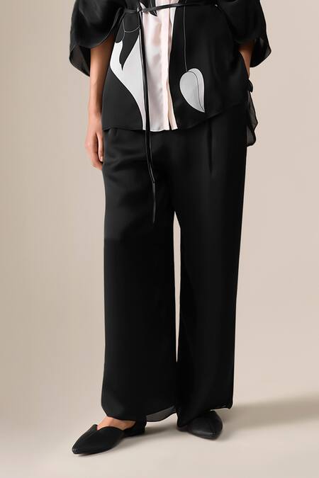 Ampm_Black Organza, Satin Collared Elvira Printed Shirt And Pant Set _Online_at_Aza_Fashions