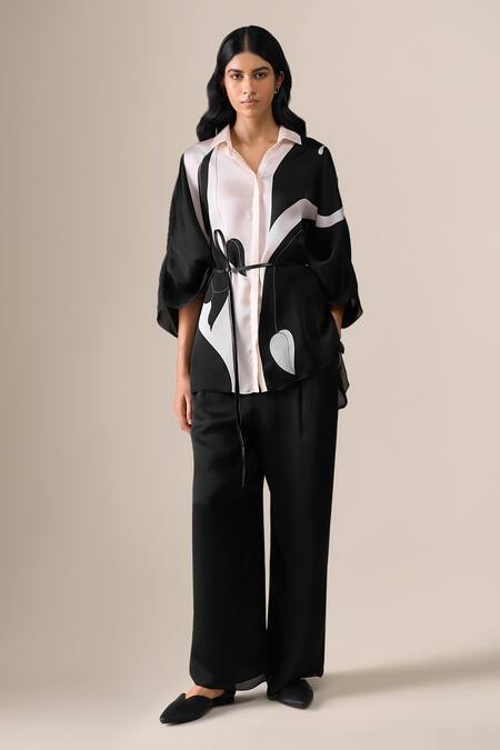 Buy_Ampm_Black Organza, Satin Collared Elvira Printed Shirt And Pant Set _Online_at_Aza_Fashions