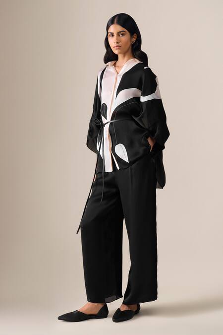Shop_Ampm_Black Organza, Satin Collared Elvira Printed Shirt And Pant Set _Online_at_Aza_Fashions