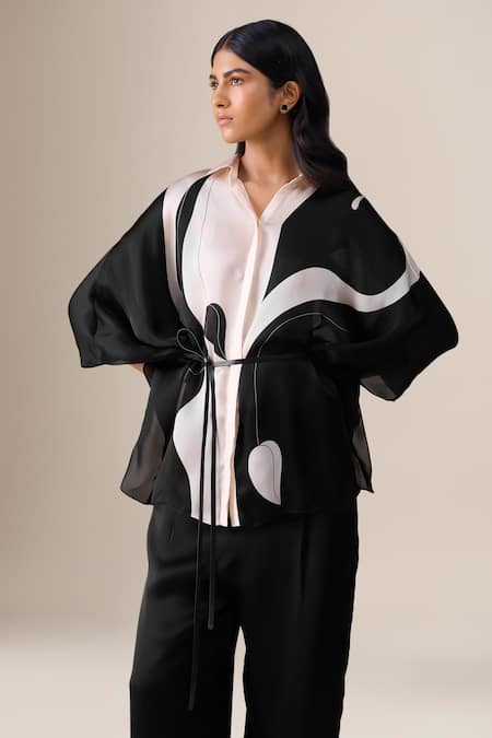 Ampm_Black Organza, Satin Collared Elvira Printed Shirt And Pant Set _at_Aza_Fashions