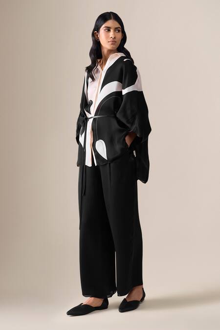 Buy_Ampm_Black Organza, Satin Collared Elvira Printed Shirt And Pant Set 