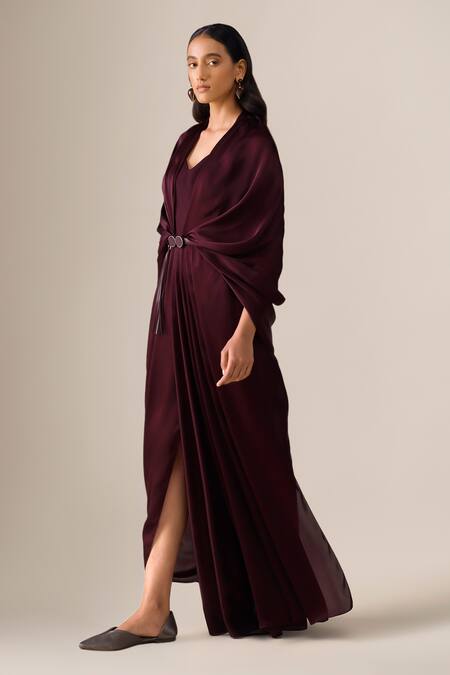 Buy_Ampm_Burgundy Satin, Organza Tassels Ekiya Pre-draped Saree Gown With Belt _Online_at_Aza_Fashions