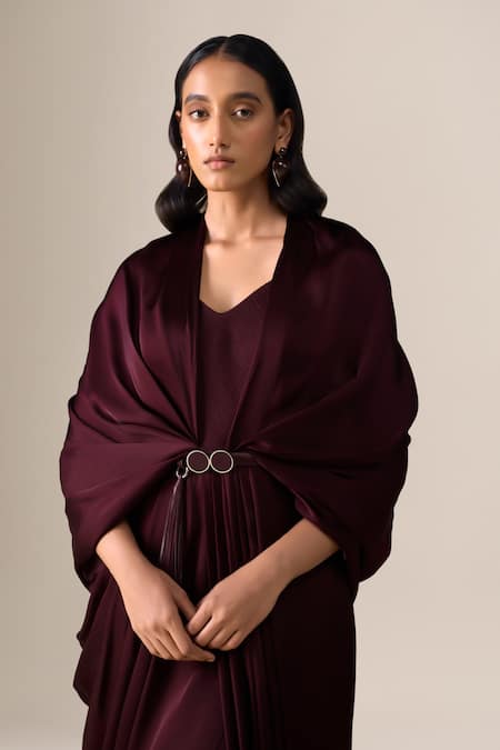 Ampm_Burgundy Satin, Organza Tassels Ekiya Pre-draped Saree Gown With Belt _at_Aza_Fashions