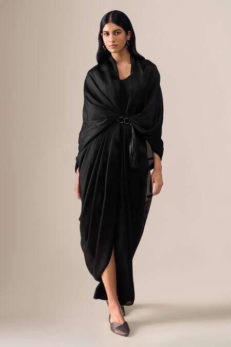 Ampm Black Satin, Organza Tassels Ekiya Pre-draped Saree Gown With Belt Online at Aza Fashions Ampm_Black Satin, Organza Tassels Ekiya Pre-draped Saree Gown With Belt _Online_at_Aza_Fashions