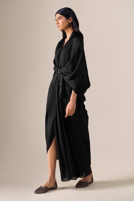 Buy Ampm Black Satin, Organza Tassels Ekiya Pre-draped Saree Gown With Belt Online at Aza Fashions Buy_Ampm_Black Satin, Organza Tassels Ekiya Pre-draped Saree Gown With Belt _Online_at_Aza_Fashions