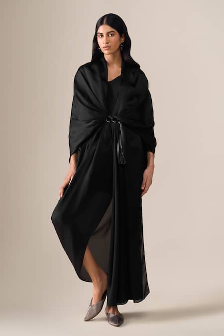 Shop Ampm Black Satin, Organza Tassels Ekiya Pre-draped Saree Gown With Belt Online at Aza Fashions Shop_Ampm_Black Satin, Organza Tassels Ekiya Pre-draped Saree Gown With Belt _Online_at_Aza_Fashions
