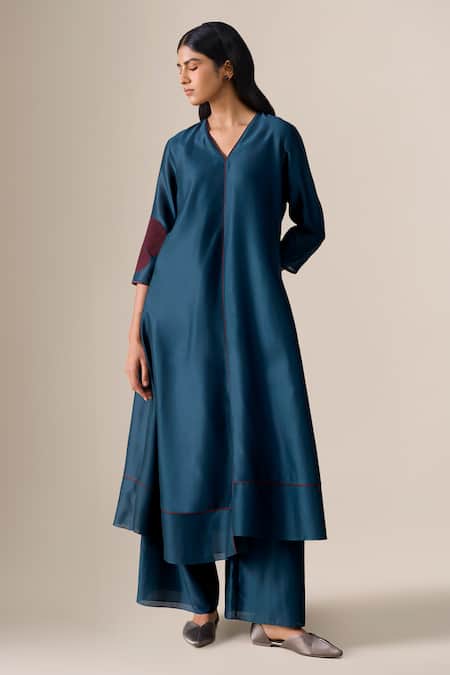 Ampm_Blue Chanderi Piping, Embroidery V-neck Milap Kurta Palazzo Set _Online_at_Aza_Fashions