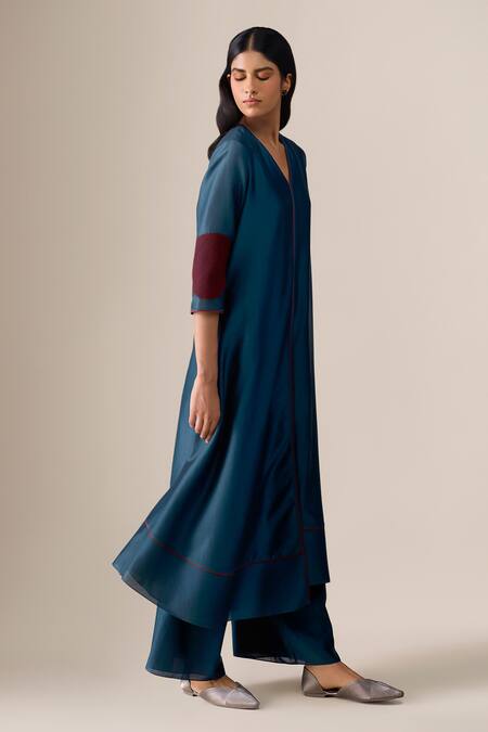 Shop_Ampm_Blue Chanderi Piping, Embroidery V-neck Milap Kurta Palazzo Set _Online_at_Aza_Fashions