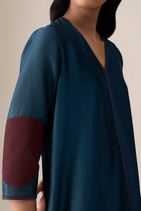 Buy_Ampm_Blue Chanderi Piping, Embroidery V-neck Milap Kurta Palazzo Set 