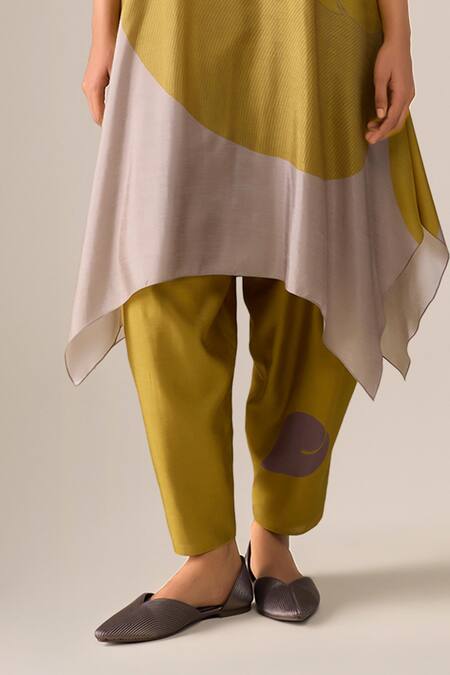 Ampm_Mustard Silk Embroidery Collared Ohad Paan Leaf Pattern Tunic And Set _Online_at_Aza_Fashions