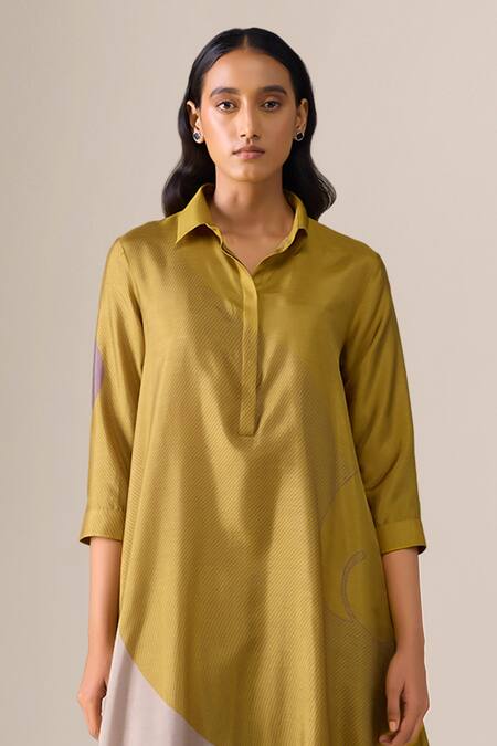 Buy_Ampm_Mustard Silk Embroidery Collared Ohad Paan Leaf Pattern Tunic And Set _Online_at_Aza_Fashions
