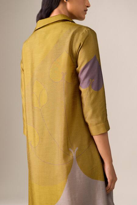 Shop_Ampm_Mustard Silk Embroidery Collared Ohad Paan Leaf Pattern Tunic And Set _Online_at_Aza_Fashions