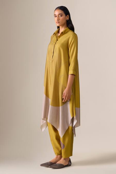 Ampm_Mustard Silk Embroidery Collared Ohad Paan Leaf Pattern Tunic And Set _at_Aza_Fashions