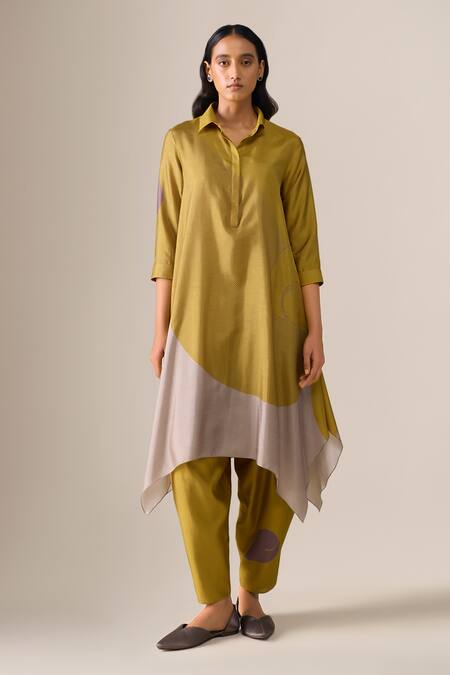 Shop_Ampm_Mustard Silk Embroidery Collared Ohad Paan Leaf Pattern Tunic And Set 