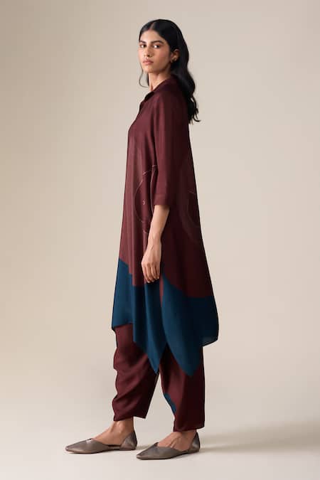 Ampm_Burgundy Silk Embroidery Collared Ohad Leaf Pattern Tunic And Pant Set _Online_at_Aza_Fashions