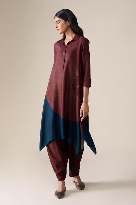 Shop_Ampm_Burgundy Silk Embroidery Collared Ohad Leaf Pattern Tunic And Pant Set _Online_at_Aza_Fashions