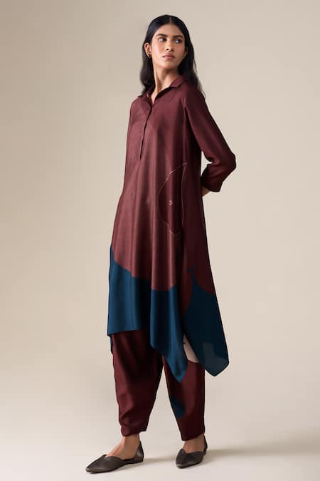Ampm_Burgundy Silk Embroidery Collared Ohad Leaf Pattern Tunic And Pant Set _at_Aza_Fashions