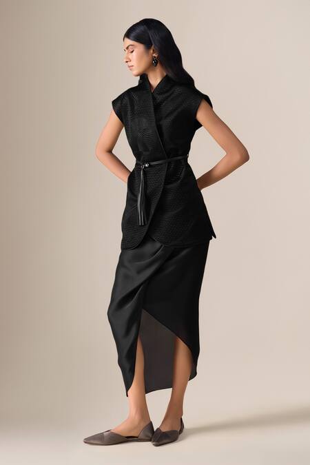 Buy_Ampm_Black Chanderi, Satin Embroidery, Selah Quilted Pattern Jacket With Skirt _Online_at_Aza_Fashions