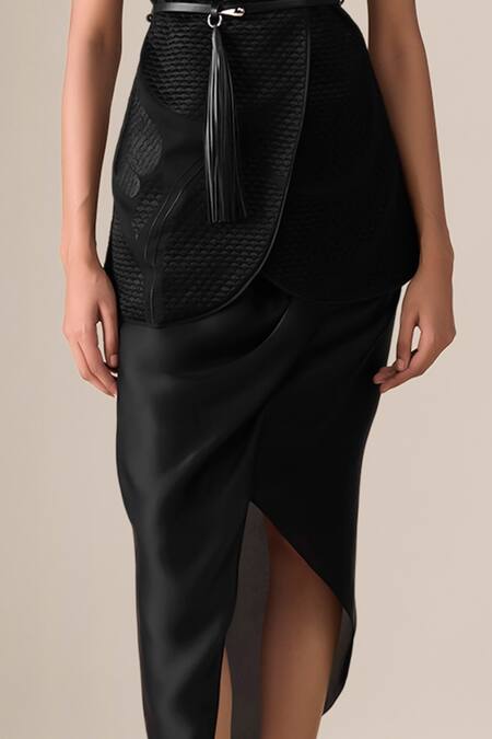 Shop_Ampm_Black Chanderi, Satin Embroidery, Selah Quilted Pattern Jacket With Skirt _Online_at_Aza_Fashions