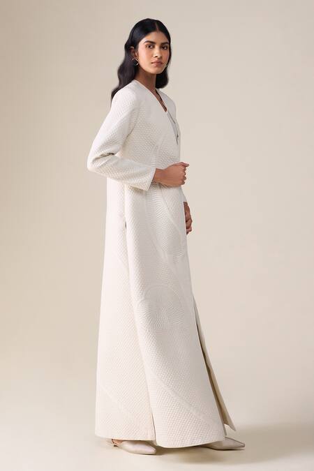 Shop_Ampm_Ivory Shantoon Embroidery V-neck Raziya Quilted Pattern Abaya Kaftan Set _Online_at_Aza_Fashions