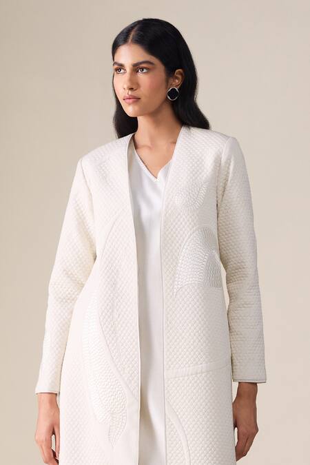 Ampm_Ivory Shantoon Embroidery V-neck Raziya Quilted Pattern Abaya Kaftan Set _at_Aza_Fashions