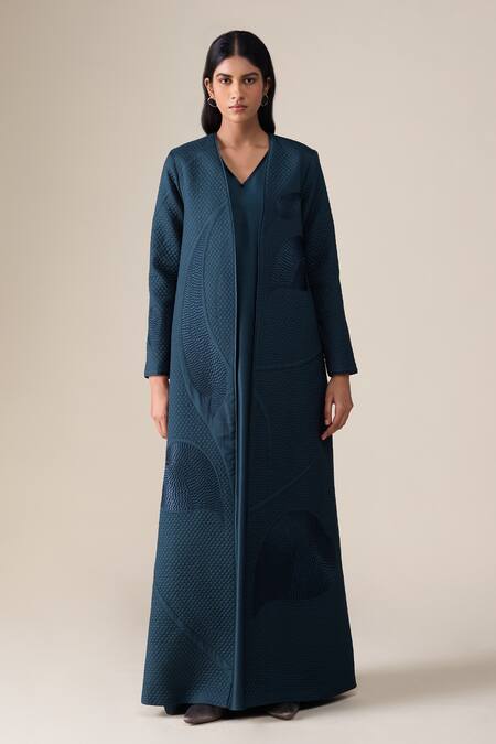 Ampm_Teal Shantoon Embroidery V-neck Raziya Quilted Pattern Abaya Kaftan _Online_at_Aza_Fashions